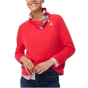 NWT J. Crew Tartan Wide Jeweled Button Neck Vibrant Red Collared Sweater Size XS